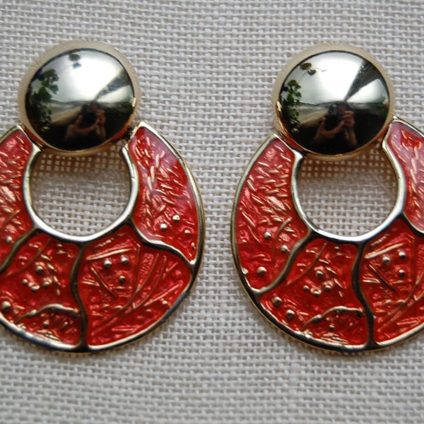 Large Red Enamel Hoops with an Embossed Gold Tone Cherry Blossom Design, 1980's Door Knocker Earrings