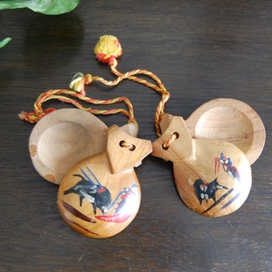 Vintage Wooden Hand Painted Castanets with Bull Fighting Scene