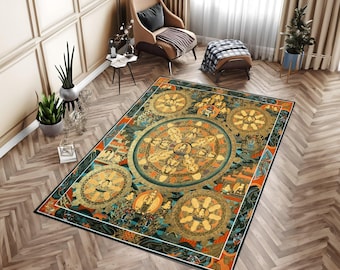 May include: A rectangular area rug featuring a complex mandala design with a central circular motif surrounded by four smaller circular patterns. The rug displays a vibrant color palette of gold, orange, teal, and black with intricate geometric details.