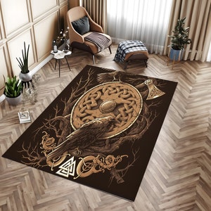 May include: A brown and gold area rug with a Viking-inspired design. The rug features a raven, an axe, a shield with a Celtic knot design, and a tree branch. The background is a dark brown color.