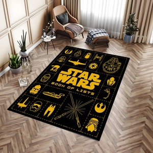 May include: Black and yellow Star Wars themed rug featuring the text "Star Wars Book of Lists" and various Star Wars characters and symbols.