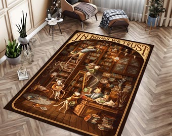 May include: A rectangular area rug featuring a detailed illustration of anthropomorphic dogs in a library setting. The top border displays the text "IN BOOKS WE TRUST" in a decorative font. The scene depicts dogs reading and organizing books.