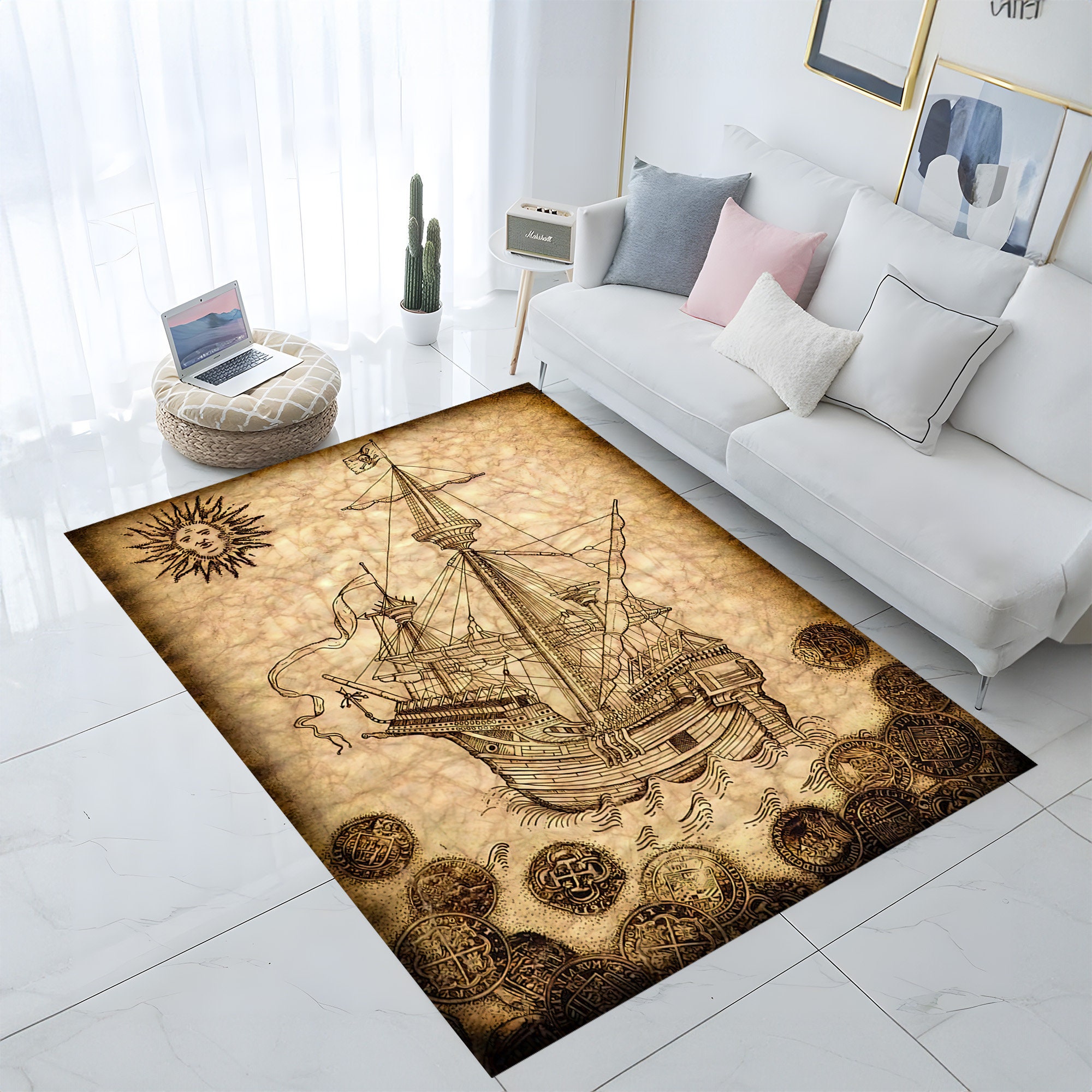 Ship Rug, Pirate Rug, Treasure Map Rug, Brown Room Carpet, Boys Room ...