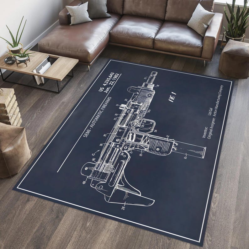 K&ouml;nnte beinhalten: Eine blaue und wei&szlig;e Illustration im Blaupausen-Stil eines Patents f&uuml;r eine halbautomatische Schusswaffe. Die Patentnummer lautet US 4,335,643 und das Datum ist der 22. Juni 1982. Das Patent ist f&uuml;r eine halbautomatische Schusswaffe und der Erfinder ist Uzl Gal.