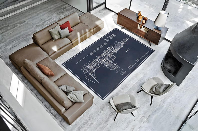 Uzi Teppich, Gewehrteppich, Teppich für Gamerzimmer, Teppich für Spielzimmer, Wohndekor, Maschinengewehr-Dekor, Jungenzimmerteppich, Mannhöhle-Dekor, personalisiertes cooles Geschenk Bild 4