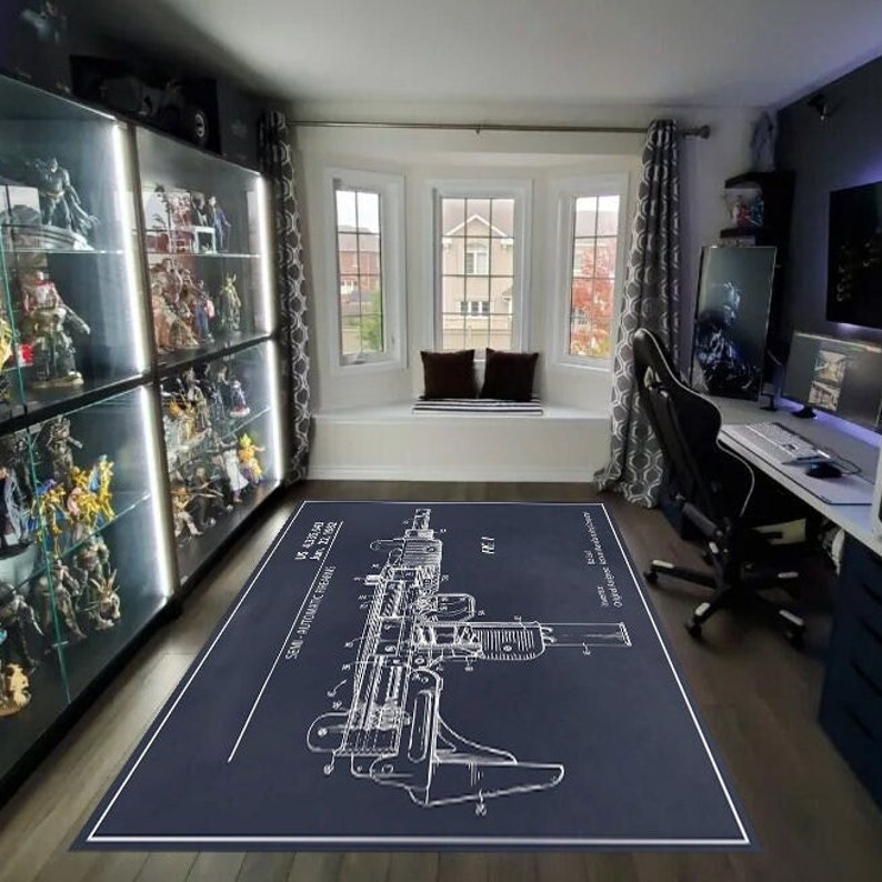 Uzi Teppich, Gewehrteppich, Teppich für Gamerzimmer, Teppich für Spielzimmer, Wohndekor, Maschinengewehr-Dekor, Jungenzimmerteppich, Mannhöhle-Dekor, personalisiertes cooles Geschenk Bild 2