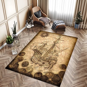 Scheepskleed, piratentapijt, schatkaarttapijt, bruin tapijt kamer, jongenskamerdecor, matrozentapijt, mystiek tapijt, tapijt zeeman, gepersonaliseerd cadeau, karpet