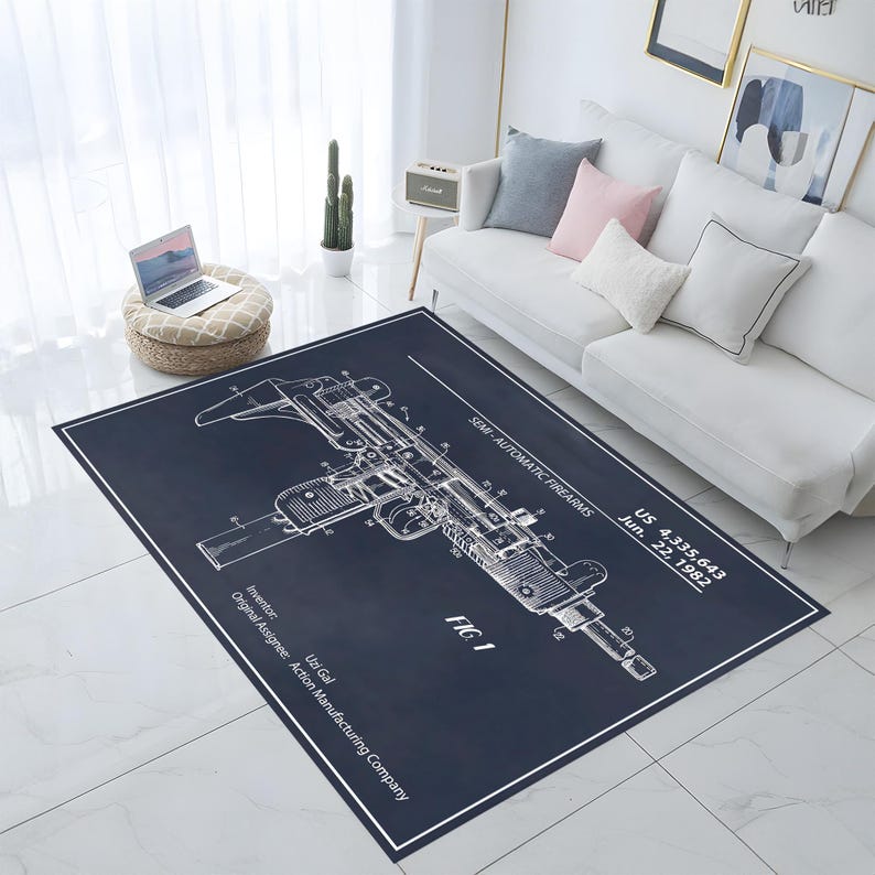 Uzi Teppich, Gewehrteppich, Teppich für Gamerzimmer, Teppich für Spielzimmer, Wohndekor, Maschinengewehr-Dekor, Jungenzimmerteppich, Mannhöhle-Dekor, personalisiertes cooles Geschenk Bild 5
