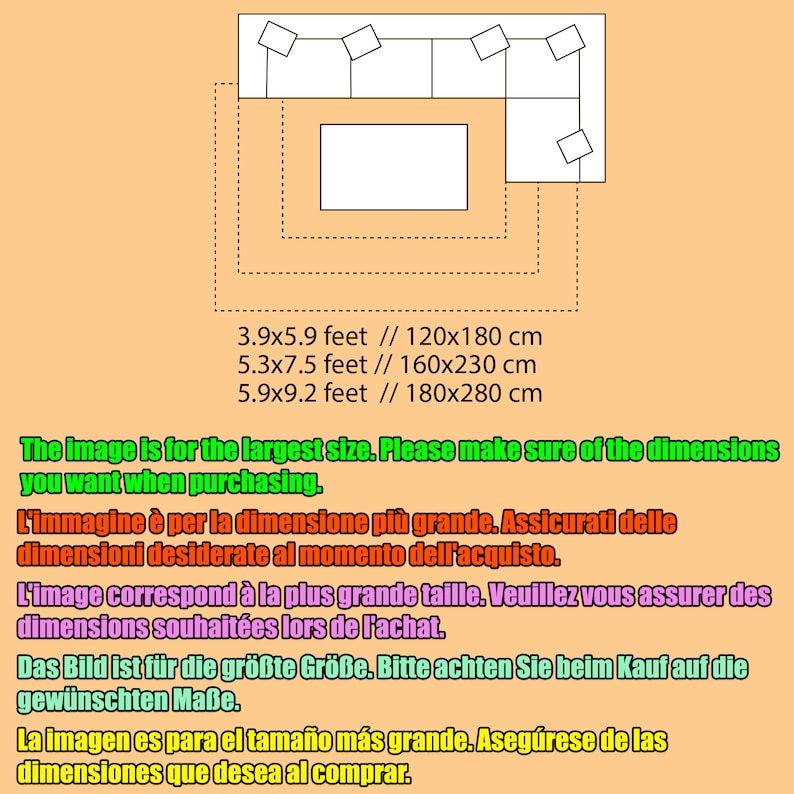 K&ouml;nnte beinhalten: Diagramm, das drei verschiedene Gr&ouml;&szlig;en eines Ecksofas zeigt. Die Abmessungen sind in Fu&szlig; und Zentimetern angegeben. Der Text lautet: "Das Bild ist f&uuml;r die gr&ouml;&szlig;te Gr&ouml;&szlig;e. Bitte achten Sie beim Kauf auf die gew&uuml;nschten Ma&szlig;e."
