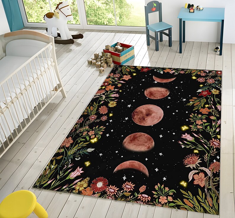 Moon Pattern Rug Moon Phases Kids Rug, Floral Border, Personalized Nursery Decor - Etsy