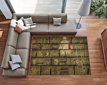 May include: A rectangular area rug featuring a detailed illustration of a multi-tiered bookshelf filled with numerous books, a small owl, a clock, a vase, and a wooden ladder, highlighted by a single bright red book spine on the top shelf.