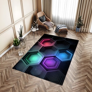 Honeycomb Rug, Neon Look Rug, Gamer Rug, Gaming Room Rug, Gamer Teppich, Boys Room Decor, Colorful Rug, Under Chair Mat, Gift For Gamers