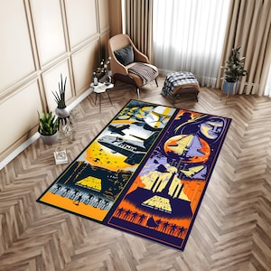 May include: A Star Wars themed rug with two panels. The left panel features a yellow and orange background with a Star Destroyer and the text "Star Wars: Attack of the Clones". The right panel features a blue and purple background with a TIE fighter and the text "Star Wars: Revenge of the Sith".