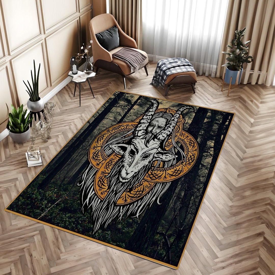 Ram Fur Rug Ram's Head Rug, Hunter Decor, Hunting Rug, Skull Rug, Satan Rug, Room ...