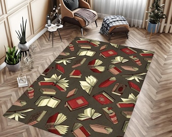 May include: A rectangular area rug featuring a dark brown background with a repeating pattern of open and closed books in shades of red, cream, and brown. The books are depicted in various orientations, some lying flat and others partially open.