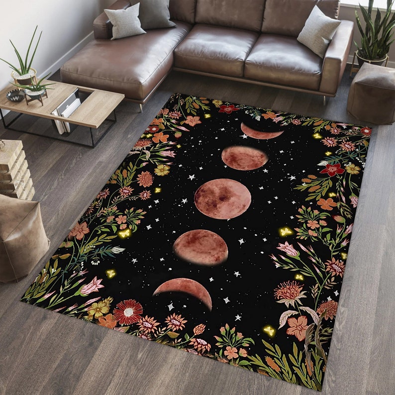 Moon Pattern Rug Moon Phases Kids Rug, Floral Border, Personalized Nursery Decor - Etsy