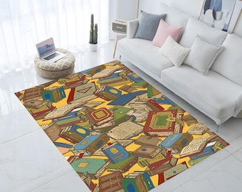 May include: A rectangular area rug featuring a vibrant yellow background densely covered in a repeating illustration of various books in shades of blue, green, red, and brown. The books are depicted in both open and closed positions.