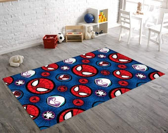 May include: A blue and red area rug with a repeating pattern of Spider-Man's mask. The rug is ideal for a child's room or play area.