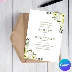 Green Floral Wedding Invitation & RSVP Card Canva Template, Completely Editable Wedding Invite