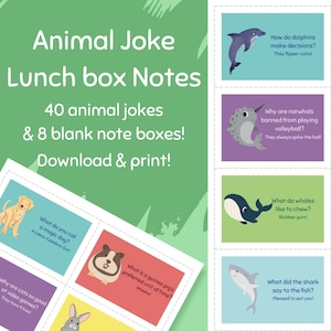 40 Notes de boîte à lunch imprimables sur les blagues d’animaux pour les enfants, téléchargement numérique imprimable A4 PDF CMJN