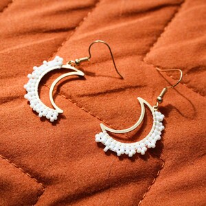 Beaded Crescent Moon Earrings | Raw Brass Earrings | Handmade Seed Bead Jewelry