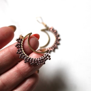 Metallic Brown Beaded Crescent Moon Earrings | Raw Brass Earrings | Handmade Seed Bead Jewelry