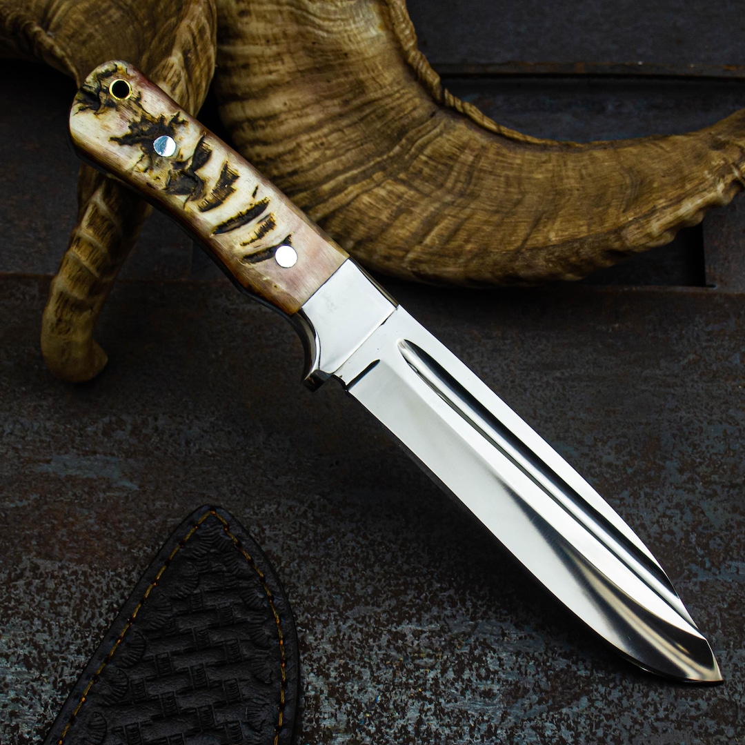 Handmade Bowie Knife: Ram Horn Handle, Full Tang Hunting Knife With ...