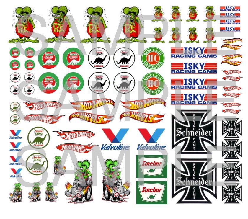 Rat Rod waterglijbaanstickers op schaal 1:64, 1/43, 1/32 of 1/24 voor douane-gegoten slotcars