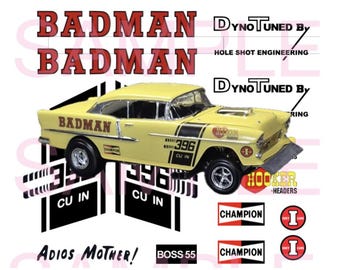 Adesivos de slide aquático Badman em escala 1/24 para modelos de carros Chevy personalizados de 1955 a 1957