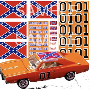 May include: A set of decals for a General Lee car model. The decals include the Confederate flag, the words "General Lee", the number "01", and the license plate "CNH 320".