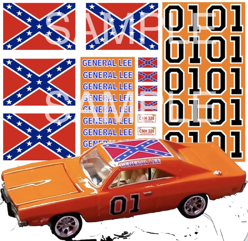 May include: A set of decals for a General Lee car model. The decals include the Confederate flag, the words "General Lee", the number "01", and the license plate "CNH 320".