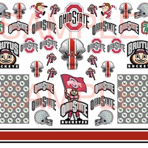 May include: A selection of Ohio State Buckeyes themed stickers and decals. The designs feature the Ohio State logo, football helmets, the Brutus Buckeye mascot, and the words "Ohio State" and "Buckeyes" in red and white.