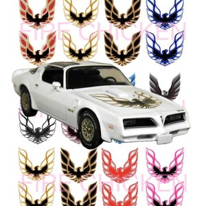 May include: A white Pontiac Trans Am with a gold bird decal on the hood. The image also shows a variety of different colored bird decals, including red, blue, black, gold, and pink.