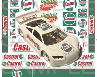 May include: A white race car with Castrol branding. The car has a green and red Castrol logo on the side and a Castrol Racing logo on the top. The car is surrounded by various Castrol logos in different sizes and shapes.