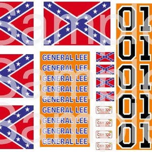 May include: A sheet of stickers featuring the Confederate flag, the words "General Lee" repeated multiple times, and the numbers "0101" repeated multiple times. There are also several license plates that read "CNH 320".