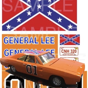 May include: A toy replica of the General Lee car from the Dukes of Hazzard TV show. The car is orange with a Confederate flag on the roof and the number 01 on the side. The car is sitting on a orange background with the number 01 printed in black.