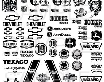 May include: Black and white graphic design elements for car and motorcycle customization.  Includes logos for brands like Texaco, Harley-Davidson, Hooker Headers, John Deere, and Weiland.  Also includes a racing cross with the text "Schneider" and a skull and crossbones design.