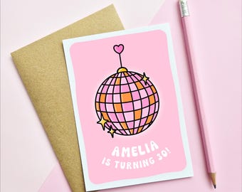 PERSONALISED BIRTHDAY CARD - Disco Ball | Celebrate | Birthday Party | Pink | A6 Card