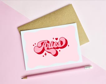 ARIES BIRTHDAY CARD - Star Sign | Pink Zodiac Greeting Card | Retro Typography | A6 Card