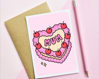 MUM BIRTHDAY CARD - Cherries Heart Cake | Pink | Mom | Mum | Mothers Day Gift | A6 Card