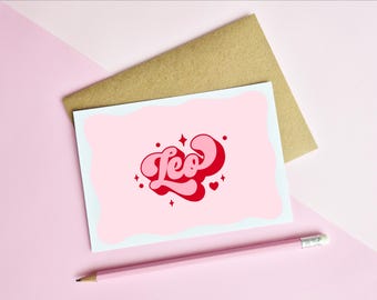 LEO BIRTHDAY CARD - Star Sign | Pink Zodiac Greeting Card | Retro Typography | A6 Card