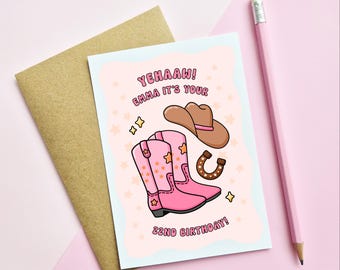 PERSONALISED BIRTHDAY CARD - Yeehaw! Cow Girl Boots | Pink | Western | A6 Greeting Card