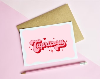 CAPRICORN BIRTHDAY CARD - Star Sign | Pink Zodiac Greeting Card | Retro Typography | A6 Card