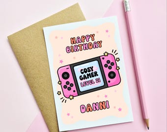 PERSONALISED BIRTHDAY CARD - Cosy Gamer | Pink | Gaming | A6 Card