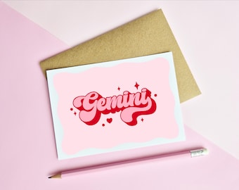 GEMINI BIRTHDAY CARD - Star Sign | Pink Zodiac Greeting Card | Retro Typography | A6 Card