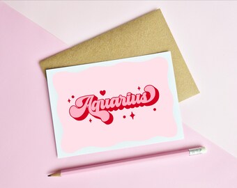AQUARIUS BIRTHDAY CARD - Star Sign | Pink Zodiac Greeting Card | Retro Typography | A6 Card