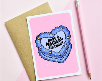 MAGICAL BIRTHDAY CARD - Cute Heart Cake | Have A Magical Birthday | Pink Greeting Card | A6 Card