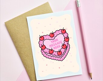 PERSONALISED CAKE CARD - Personalised Message Heart Cake | Pink | Good Luck | Congratulations | Anniversary | Birthday | A6 Card