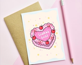 ZODIAC BIRTHDAY CARD - Star Sign Heart Cake | Pink | Birthday | A6 Card | Astrology