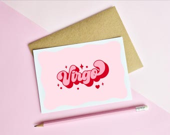 VIRGO BIRTHDAY CARD - Star Sign | Pink Zodiac Greeting Card | Retro Typography | A6 Card